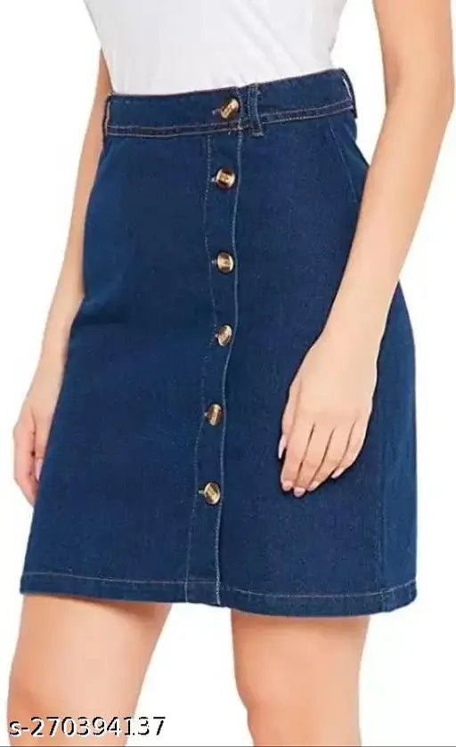 Denim button-up blouse, short skirt length