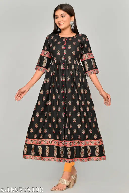 New printed rayon Anarkali gown kurtis with three-quarter sleeves, vibrant Indian design. M (36in bust, 48in length), L (38in bust, 48in length), XL (40in bust, 48in length). Elegant traditional wear for functions, festivals, parties, and weddings
