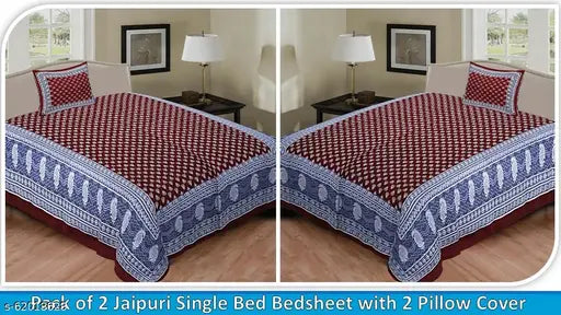 Cotton Jaipuri printed single bed sheets pack of 2 with 2 pillow covers, fine quality for summer adults