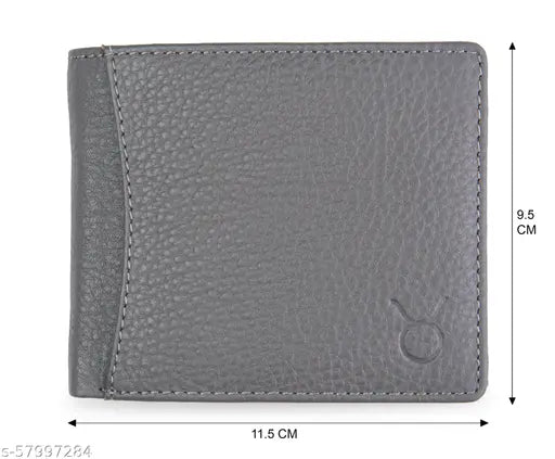 Grey leather men's bi-fold wallet, Hide Horn branded with RFID protection and multiple compartments