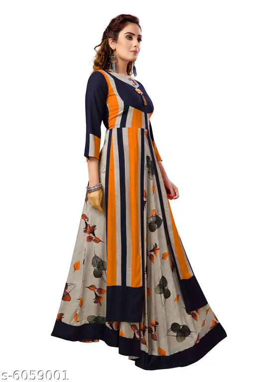 Designer womens rayon anarkali long kurta round neck 34th sleeve fully stitched plain printed floor length anarkali