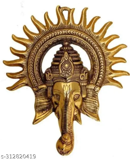 Golden color Ganesh statue with Surya Kiran, handcrafted metal decor for home & office. Ideal Vastu accessory for prosperity, power, and good luck