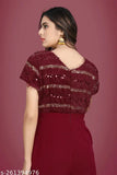 Maroon embellished lycra jumpsuit for women, featuring short sleeves and intricate net pattern on display