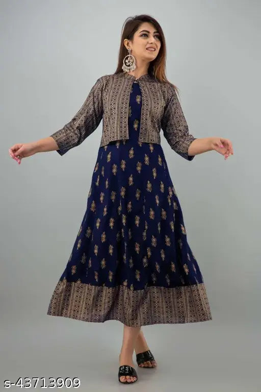 Navy blue rayon anarkali printed jacket with three-quarter sleeves, round neck
