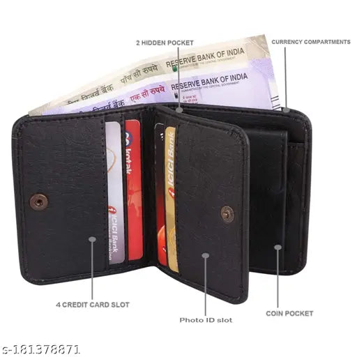 Black faux leather wallet with 2 compartments, perfect for modern style and daily essentials. Made by Zoster in India