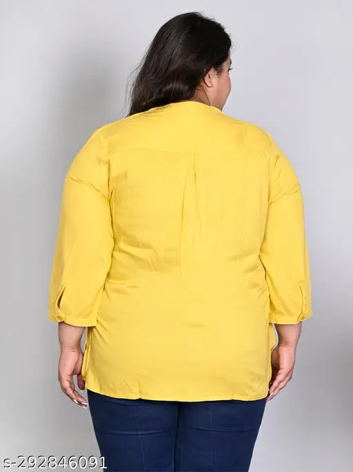 Yellow solid rayon longline top with three-quarter sleeves, plus size, pintuck mandarin collar design, made in India