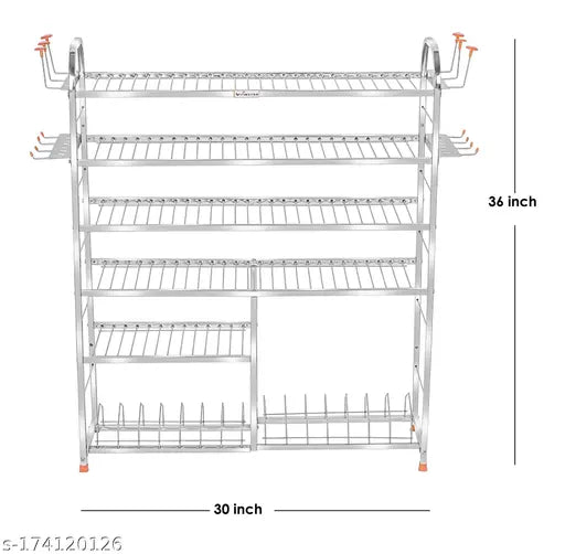 Stainless steel kitchen wall mount rack, with six shelves and lower two plate cutlery stand, for organizing dishware and utensils