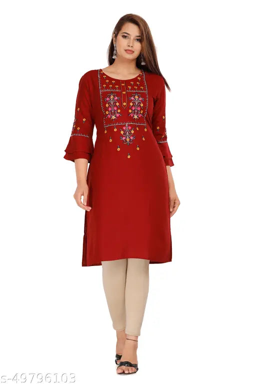 Maroon rayon trendy solid stylish embroidered regular fit straight cut kurta for women's casual and office wear, suitable for jeans, leggings, and ladies' fashion