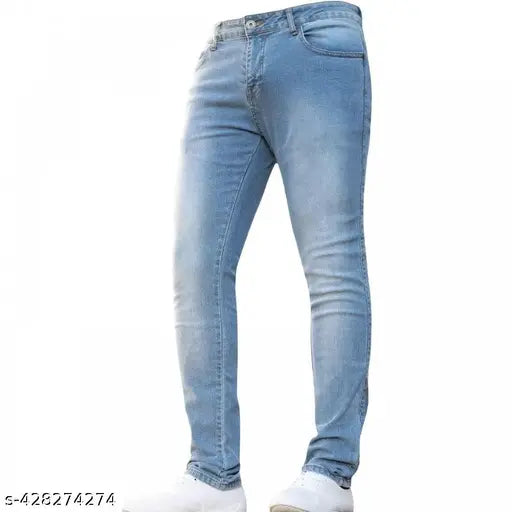 Light blue denim jeans, comfortable & versatile men's style for spring/summer events, classic five-pocket design with soft wash, breathable fabric