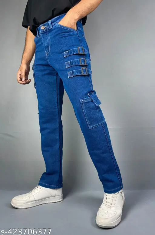 Dark Blue baggy cargo Jeans for men: Solid Denim with six pockets, offering durability and style for everyday wear or rugged activities
