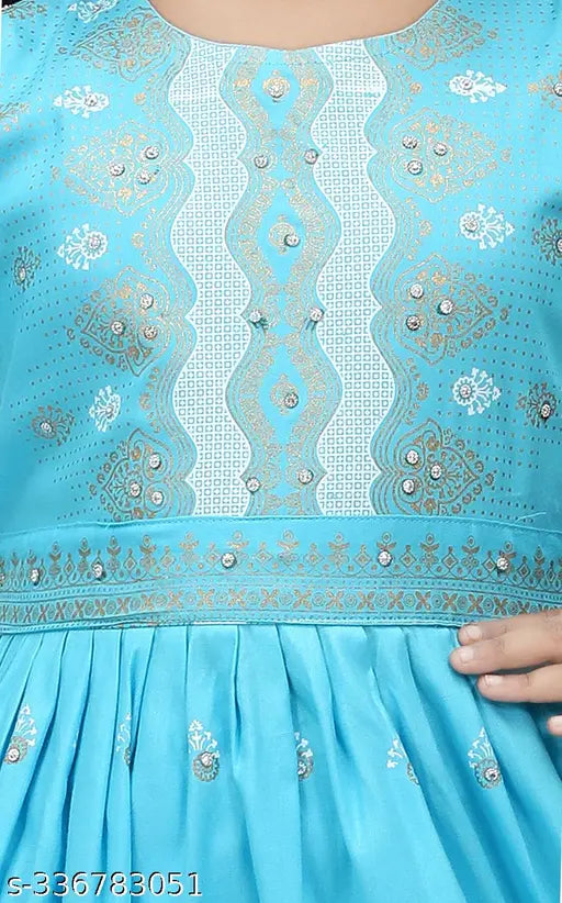 Aqua Blue Color Printed Kid Girls Naira Cut Kurta set, rayon anarkali with palazzo bottoms, embellished three-quarter sleeves