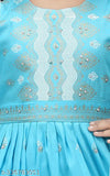 Aqua Blue Color Printed Kid Girls Naira Cut Kurta set, rayon anarkali with palazzo bottoms, embellished three-quarter sleeves