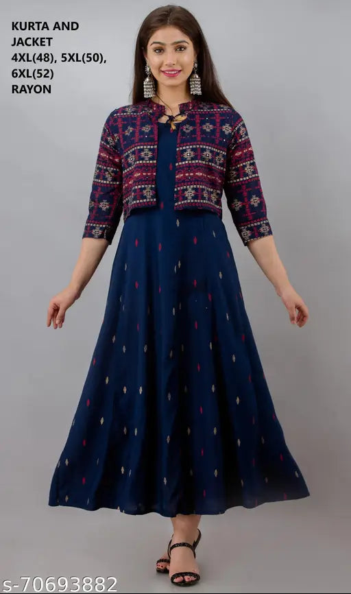 Blue printed plus size Anarkali Kurta with detachable jacket, rayon fabric, 3/4th sleeves, India
