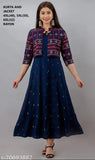 Blue printed plus size Anarkali Kurta with detachable jacket, rayon fabric, 3/4th sleeves, India