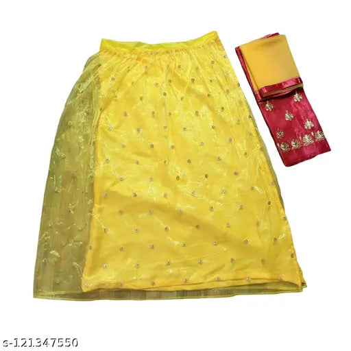 Embroidered satin lehenga choli with lace dupatta, semi-stitched in India (Lehenga: 42" waist, 44" length; Blouse: .8m)