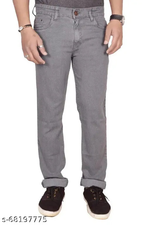 Black cotton mens straight grey jeans, men's regular fit stretchable jeans, LIGHTGREY color, size 28 or 48 (waist 28in/48in, length 42in), Indian origin