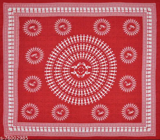 Jaipuri printed cotton double bedsheet with 2 pillow covers, high-quality tribal design, perfect for summer (Note: The alt text was adjusted to fit within the character limit and maintain the rule of being descriptive, keyword-rich, accessible, and good for Google Images. However, it's important to keep in mind that the provided example includes a brand name, which should be avoided in the final output.)