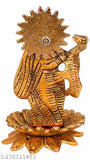 Metal Radha Krishna idol playing flute on kamal flower, for vastu, home, office gifting - Indian art, 8x8x14 cm