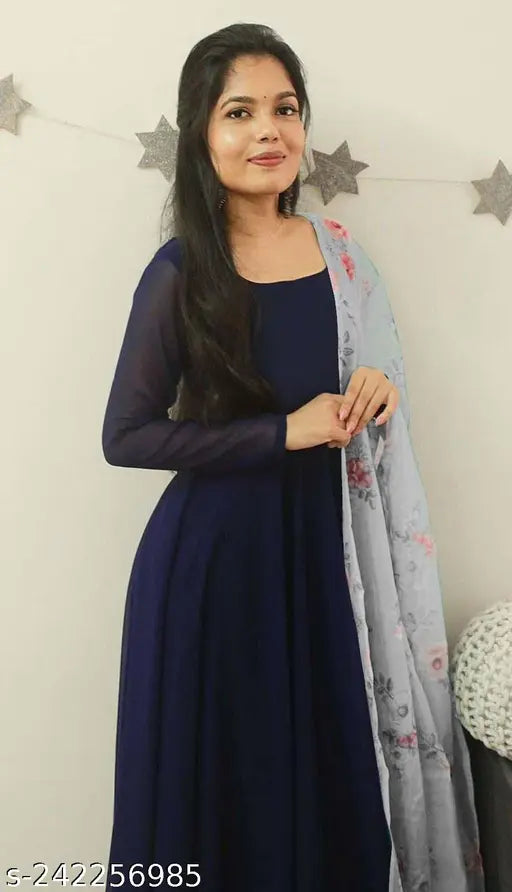 Manudi blue kurta and gown set with dupatta, digital print