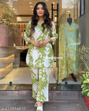 Viscose rayon printed ethnic co-ord set for women, three-quarter sleeves kurta with palazzos, Indian handloom on display stand