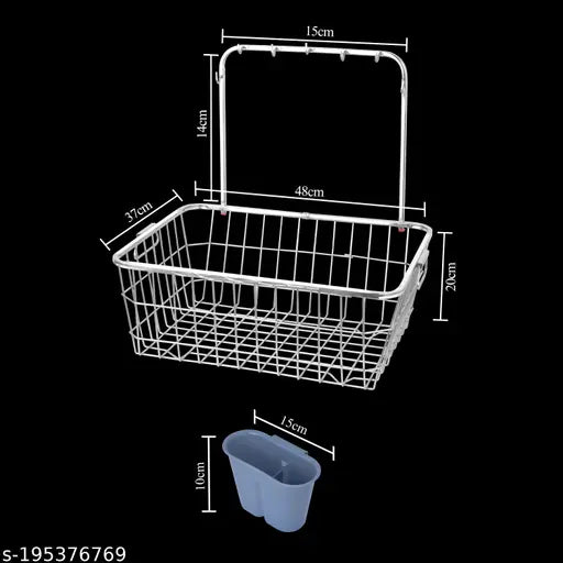A steel dish drainer, with a square design and wire basket inserts