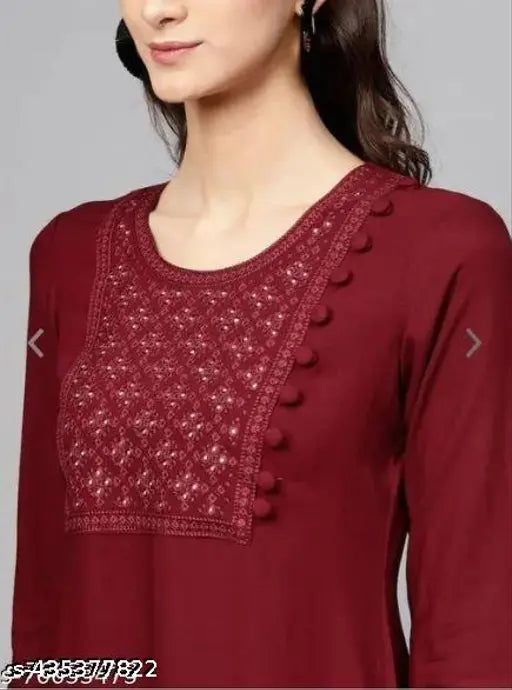 Maroon rayon kurta and black palazzo set, embroidered net design, women's fashion, soft and breathable material