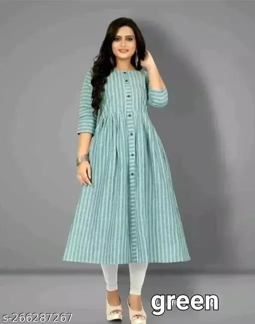 Green striped cotton kameez for women