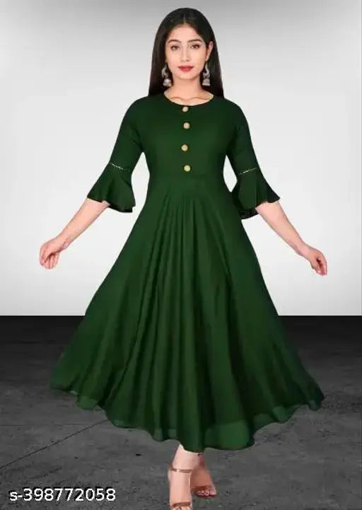 Rayon Anarkali Kurti with round neck and three-quarter sleeves, embellished with buttons. Indian designer women's casual gown for parties or daily wear. Comfortable and stylish in S, M, L, XL, XXL sizes