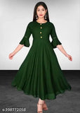 Rayon Anarkali Kurti with round neck and three-quarter sleeves, embellished with buttons. Indian designer women's casual gown for parties or daily wear. Comfortable and stylish in S, M, L, XL, XXL sizes