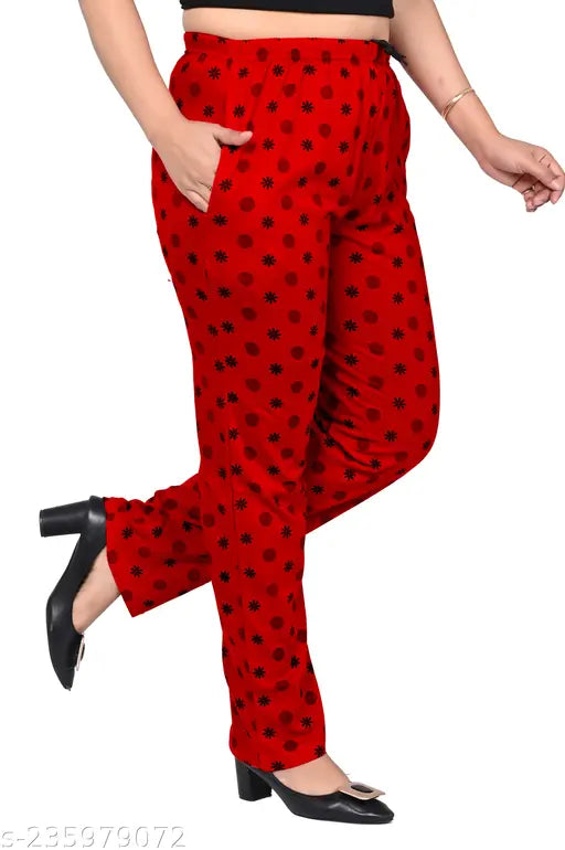 Women's comfy cotton pyjamas, red & black pattern, lower waist