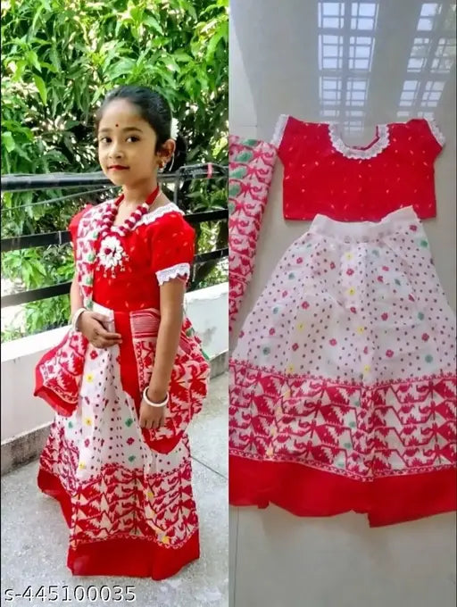 Cotton Hakuba jamdani lahanga saree with embellished net blouse for toddlers (0-6 years), India origin