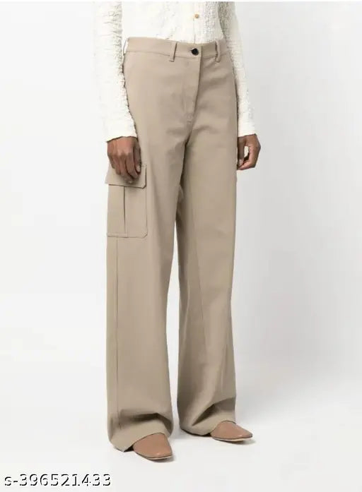 Tan high-waisted casual pants with a wide-leg design