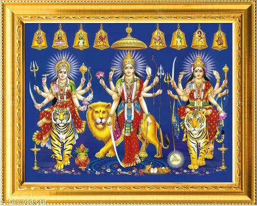 Gold Nav Durga Maa laminated photo frame, 7.5x9.5 inches, Indian devotional art