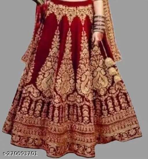 Red velvet lehenga choli with traditional embroidery, best for kids' party wear, fine Indian craftsmanship