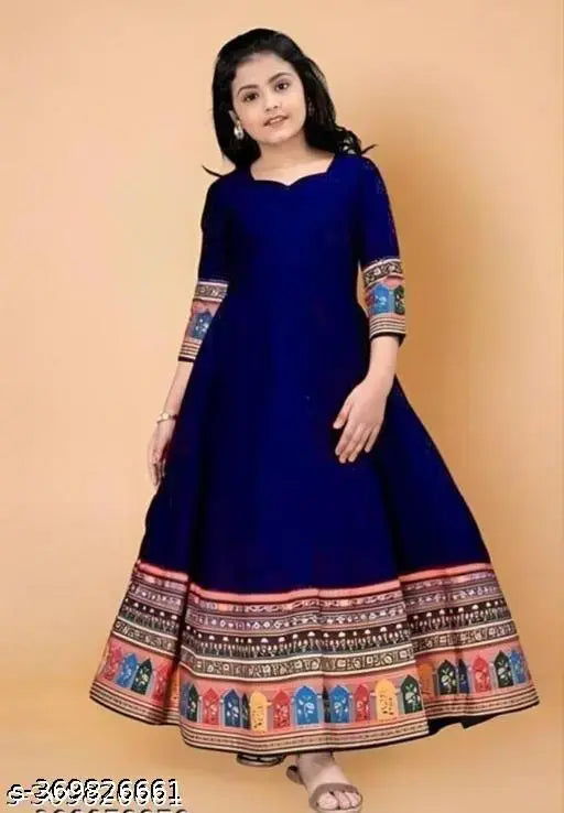 Blue rayon printed net gowns, three-quarter sleeves for kids ages 5-14, India origin