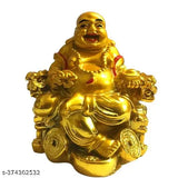 Gold resin feng shui laughing Buddha statue with money coin and ingot, brings prosperity and wealth