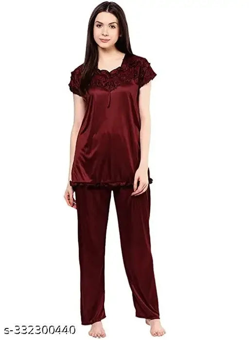 Satin night suit/dress, comfortable pyjama style with short sleeves and solid pattern, ideal for relaxation or lounging, Indian-made