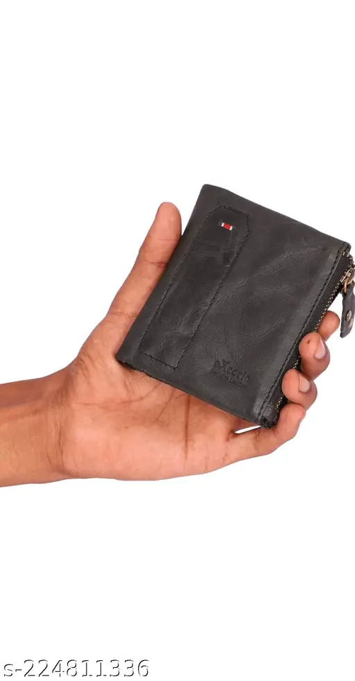 Black leather 2-fold wallet with multi card slots, sleek minimal design for everyday use