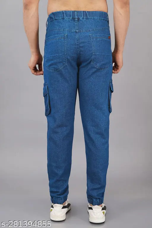 Men's dyed/washed denim cargo joggers, available in sizes 28, 30, 32, 34, and 36, made in India
