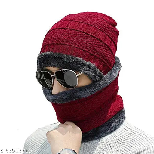 Red woolen skull cap and muffler scarf set, ultra-soft and stylish for men and women's winter fashion