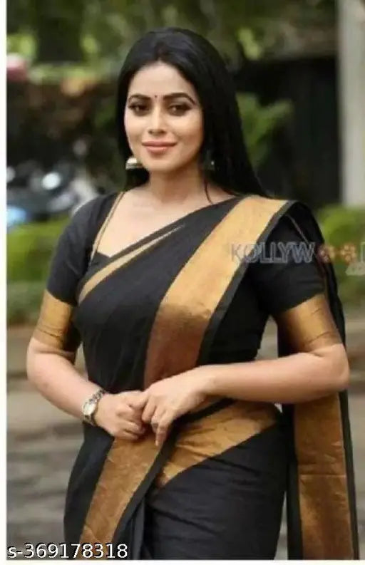 Golden chiffon saree with zari border and running blouse, Indian party wear