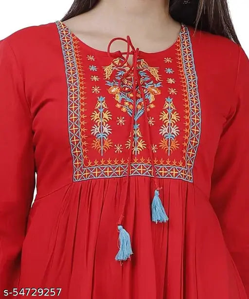 Women's red rayon embroidered anarkali kurta