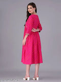 Red women's cotton blend animal print anarkali kurta with three-quarter sleeves, dyed/washed combo on mannequin
