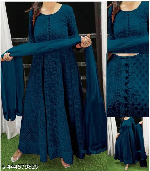 Georgette gown with dupatta set, embroidered net, three-quarter sleeves, Indian bridal wear on display