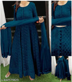 Georgette gown with embroidered dupatta set, three-quarter sleeves, Indian bridal wear