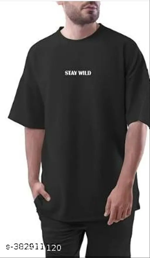 Oversized black cotton smile print t-shirt for men, three-quarter sleeves