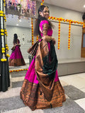 Art Silk South Indian style half saree set in Litchi silk with zari work, semi-stitched choli and dupatta featuring woven designs, belt included