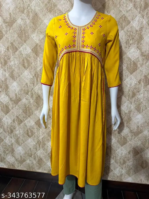 Yellow rayon kameez with embroidery, long sleeves, round neckline