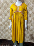 Yellow rayon kameez with embroidery, long sleeves, round neckline