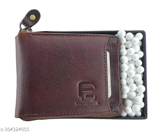 Brown leather bifold wallet, premium top-grain material, 5 compartments, RFID protected, ideal for men and women